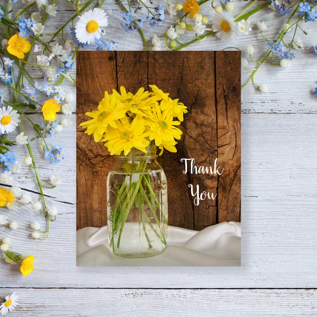 Postal Mason Jar Yellow Daisies Country Wedding Gracias (Subido por el creador)