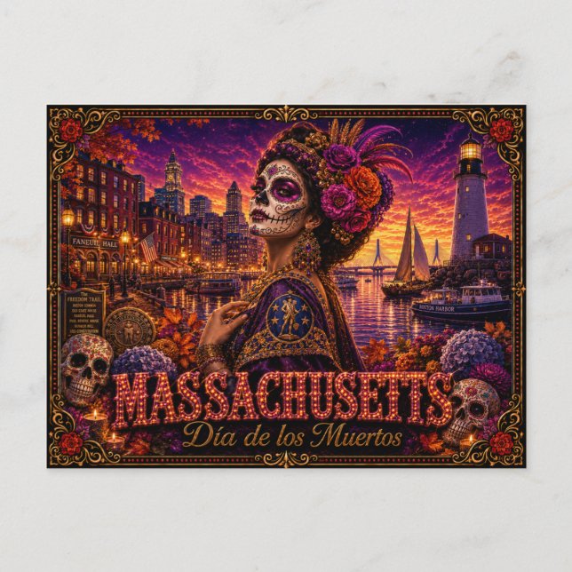 Postal Massachusetts Día de los Muertos Retro (Anverso)