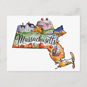Postal Massachusetts EE. UU. Estado con forma vintage acu