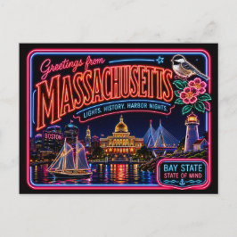 Postal Massachusetts Neon Estado Retro Vintage