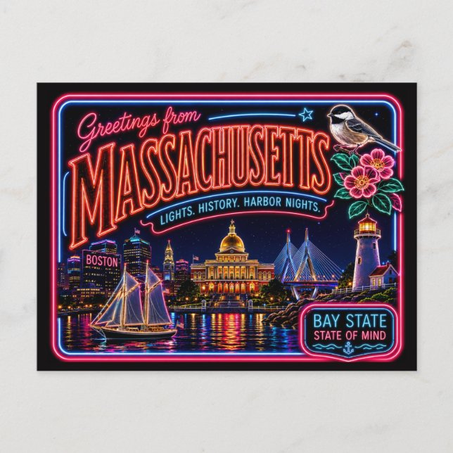 Postal Massachusetts Neon Estado Retro Vintage (Anverso)