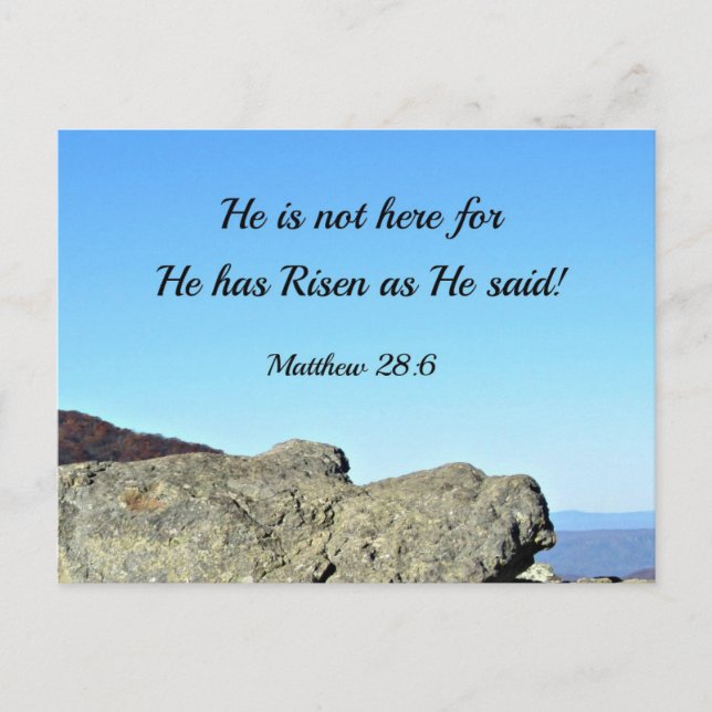 Postal Mateo 28:6 No está aquí, porque se ha levantado. (Anverso)