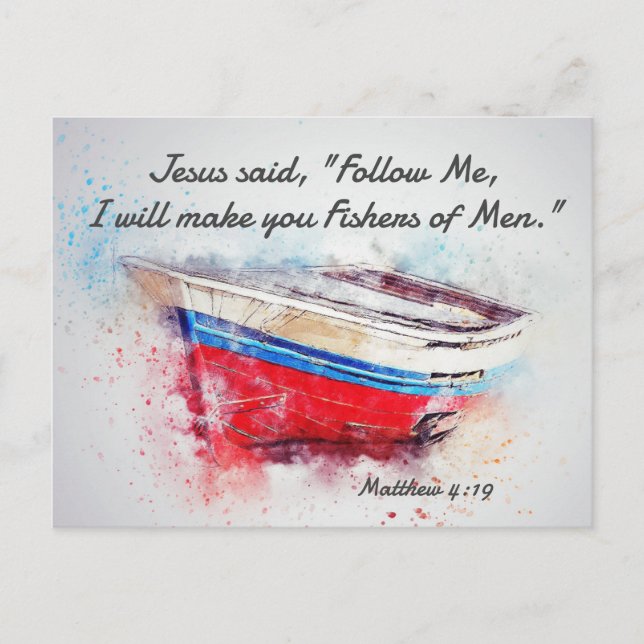 Postal Mateo 4:19 Jesús dijo Sígueme la Biblia Verse (Anverso)