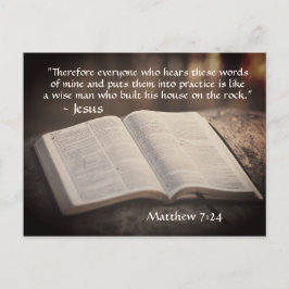 Postal Mateo 7:24-25 Construyó su casa en la roca, la Bib