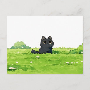 Postal Matorral Verde Esponjoso Gatito Negro Kawaii