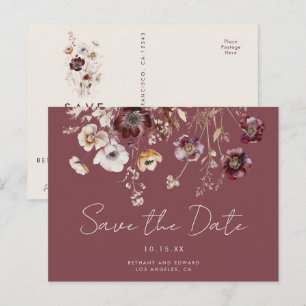 Postal Matrimonio floral de otoño de Mauve salva la fecha
