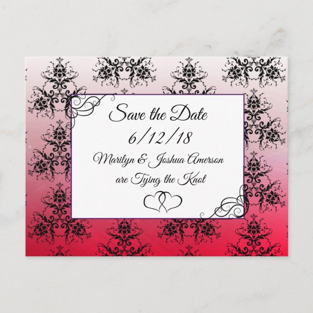 Postal Matrimonio negro rojo Damask Save the Date Postcar (Anverso)
