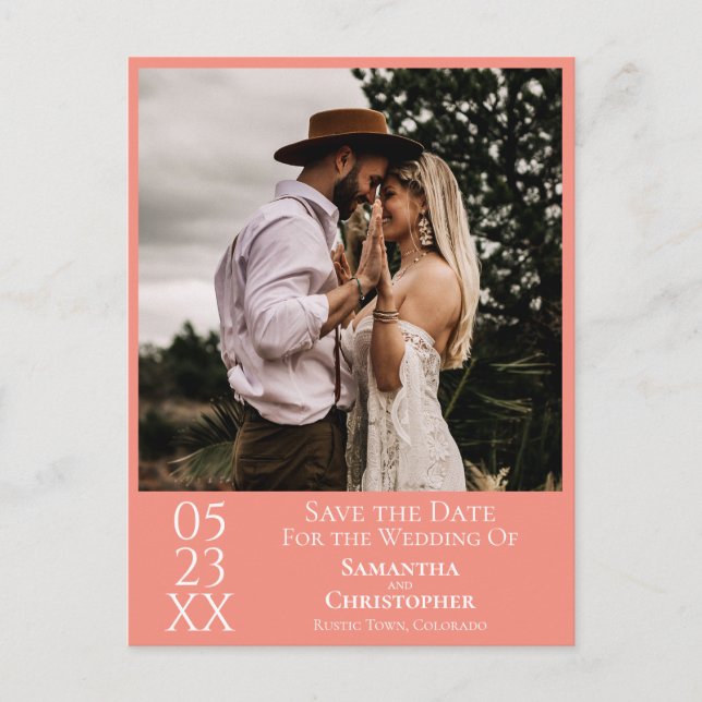 Postal Matrimonio simple de coral o salmón Guardar la fot (Anverso)