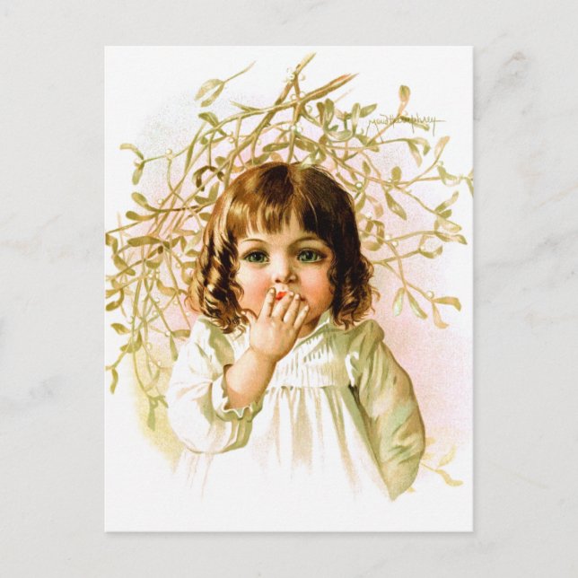 Postal Maud Humphrey: Chica de invierno bajo Mistletoe (Anverso)