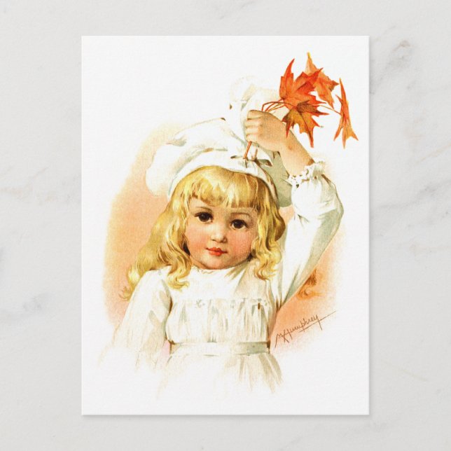Postal Maud Humphrey: Chica de otoño con hojas de arce (Anverso)
