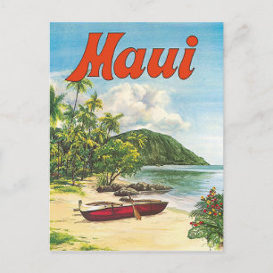 Postal Maui, Hawái, barcos en la playa, vintage, viaje