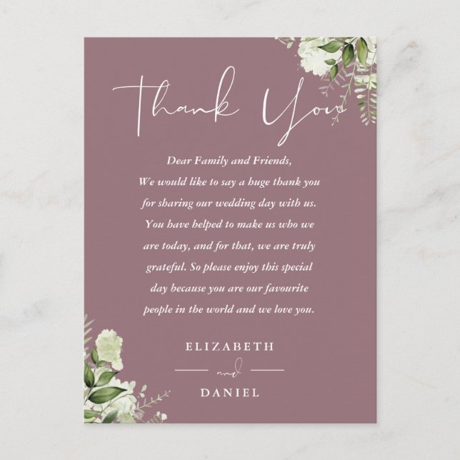 Postal Mauve Greenery Gracias Boda Place Card (Anverso)