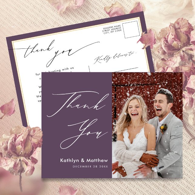 Postal Mauve Purple Modern Photo Boda Gracias (Subido por el creador)