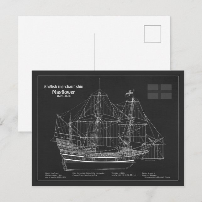 Postal Mayflower - Planes de huella azul de barco PD (Anverso / Reverso)