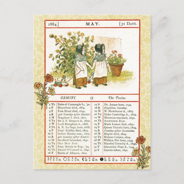 Postal Mayo 1884 Almanac. Gemini, los gemelos (Anverso)