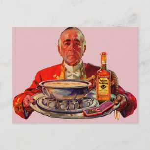 Postal Mayordomo de 1937 con bandeja y whisky Golden Wedd