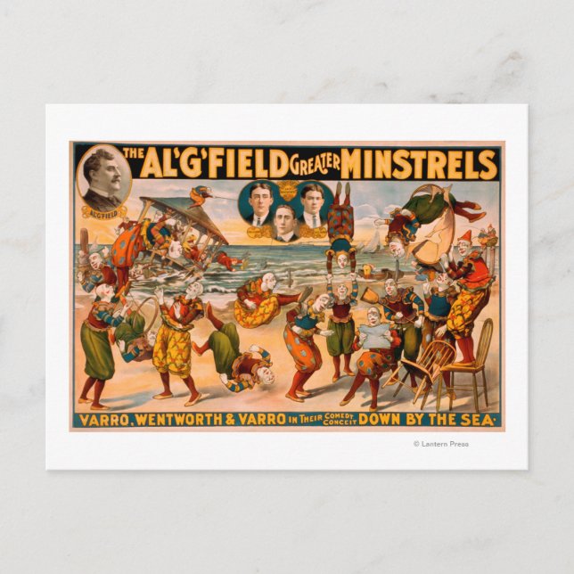 Postal Mayores ministros - Montón de payasos en la playa (Anverso)