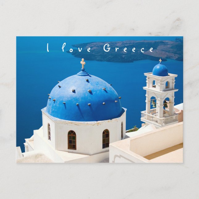 Postal Me encanta la Iglesia de Grecia Santorini foto azu (Anverso)