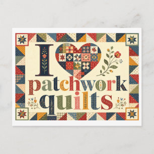 Postal "Me [encanta] las colchas de patchwork"