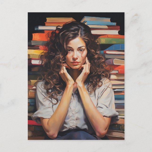 Postal Me encanta leer, retrato de una mujer, Bookish (Anverso)