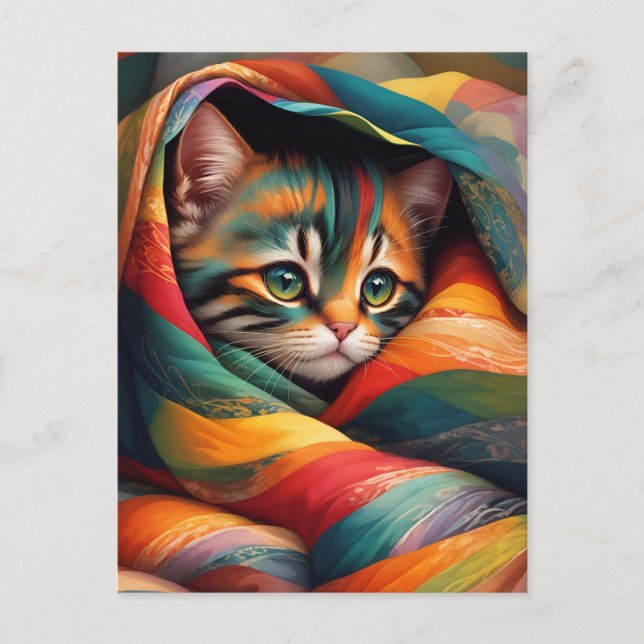 Postal ¡Me encanta mi manta! Gato de arcoiris tabby (Anverso)