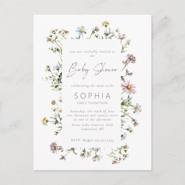 Postal Meadow wildflower delicado Baby Shower (Anverso)