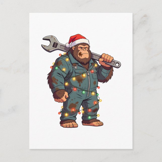 Postal Mecánico de Bigfoot Sasquatch Navidad Cuello Azul (Anverso)
