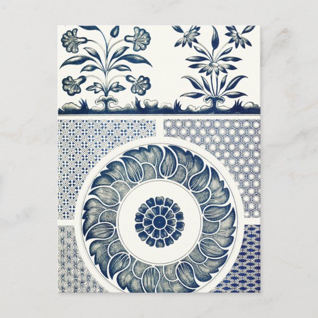 Postal Medallón Chino: Chinoiserie Azul Índigo (Anverso)