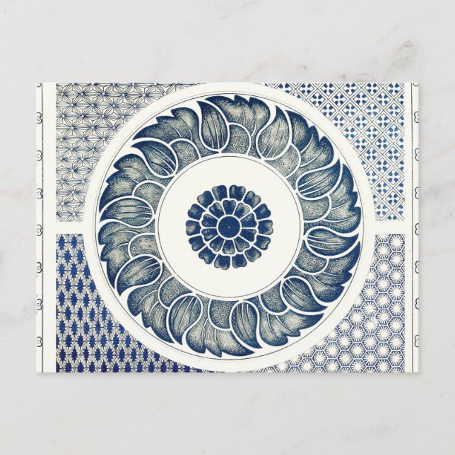 Postal Medallón Chino: Chinoiserie Azul Índigo (Anverso)