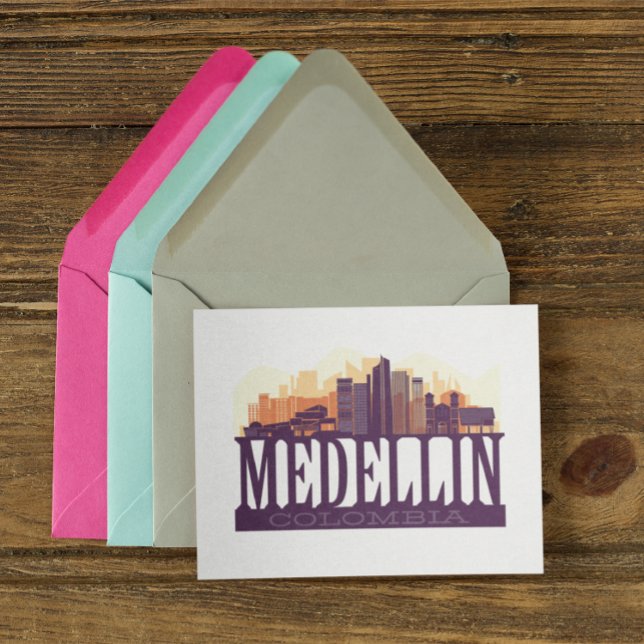 Postal Medellín Colombia Skyline City Souvenir (Medellin Colombia Vintage Cityscape Travel postcard)