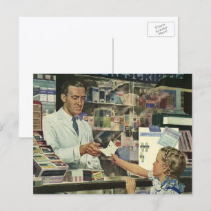 Postal Medicina antigua, farmacéutico y niña en farmacia