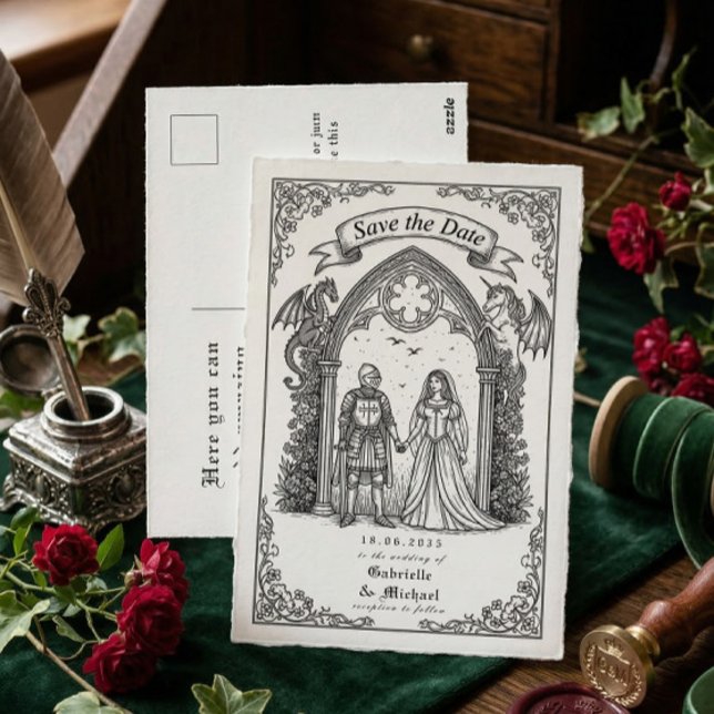 Postal Medieval Gothic Knight Bride Groom Save The Date (Subido por el creador)