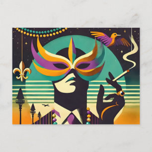 Postal Medio Siglo Retro Años 60 Mardi Gras El Hombre Fum