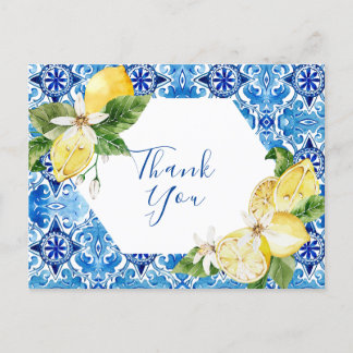 Postal Mediterráneo Limón azulejo floral Gracias post coc