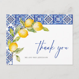Postal Mediterráneo Limones Azulejos Azules Boda Agradeci