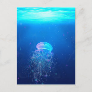Postal Medusas azules brillantes nadando en un océano mís
