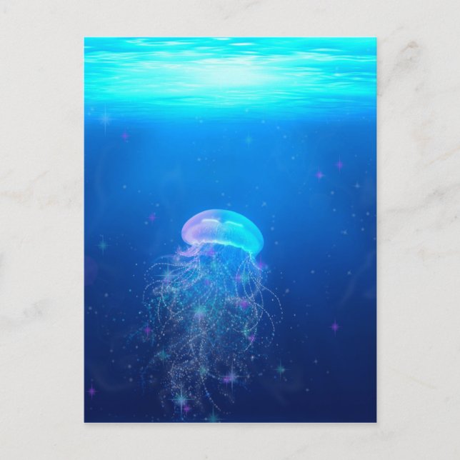 Postal Medusas azules brillantes nadando en un océano mís (Anverso)