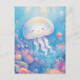 Postal Medusas en Arrecife de Coral Tropical Pastel y Océ