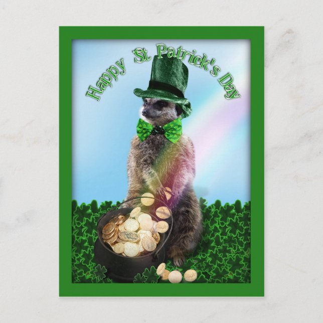 Postal Meerkat afortunado con el Día de San Patricio (Anverso)