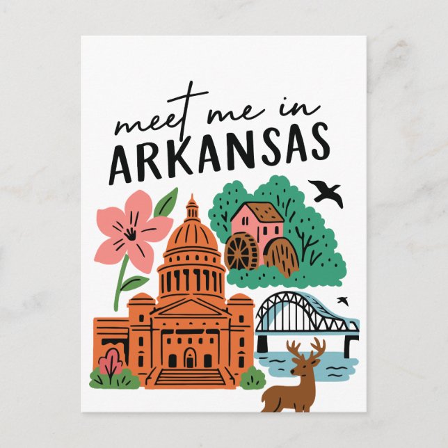 Postal Meet Me In Arkansas Southern USA Doodle Landmarks (Anverso)