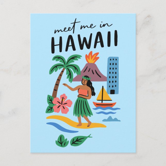 Postal Meet Me In Hawaii Retro Hula Dancer Beach (Anverso)