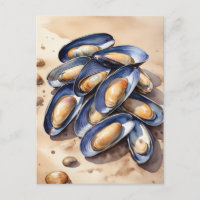 mejillones en la acuarela de la playa