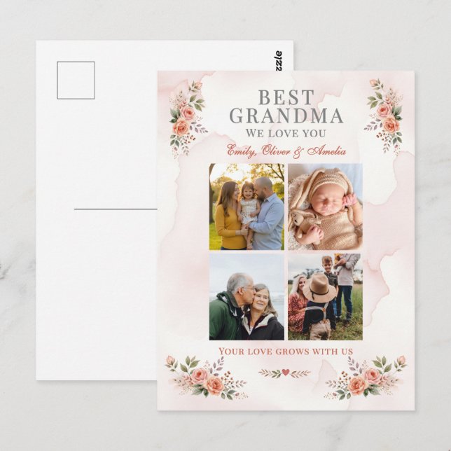 Postal Mejor Collage de Fotos Floral de Abuela (Anverso / Reverso)