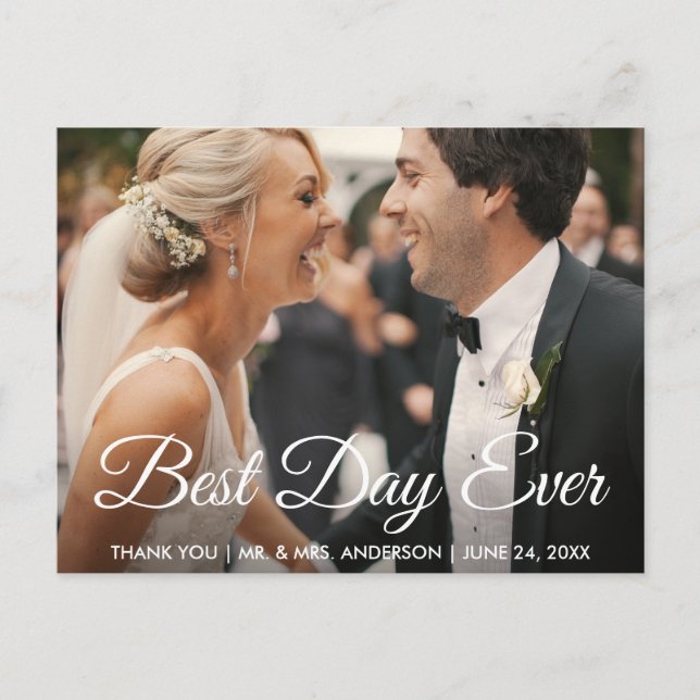Postal Mejor Día de Boda Foto de Gracias (Anverso)