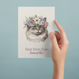 Postal Mejor Mamá Siempre Whimsical Acuarela Gato Floral