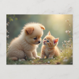 Postal Mejores amigos - cachorro adorable y gatito en la