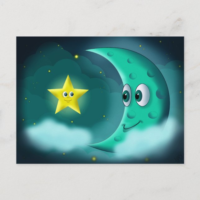 Postal Mejores Amigos Luna Azul y Estrella Amarilla (Anverso)