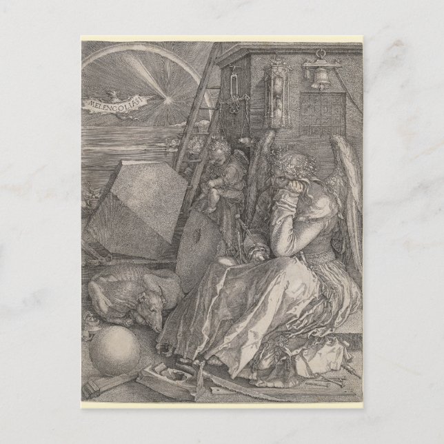 Postal Melancholia I, grabada por Albrecht Durer (Anverso)
