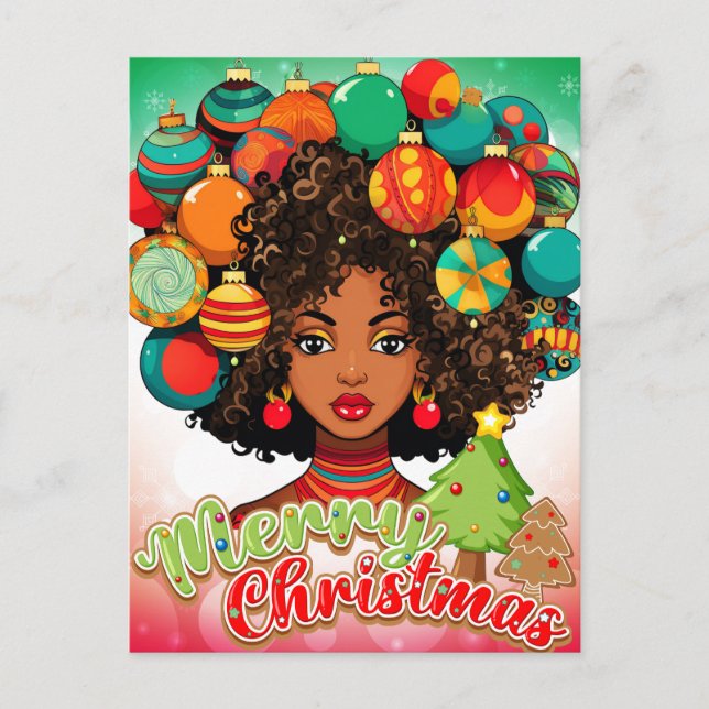 Postal Melanin, mujer negra, árbol de Navidad, adornos na (Anverso)