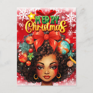 Postal Melanin, mujer negra, árbol de Navidad, adornos na